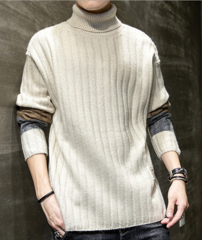 Stripe Sleeve Men's Turtleneck Sweater for Casual Wear: cream, gray sweater vest, casual layered streetwear style