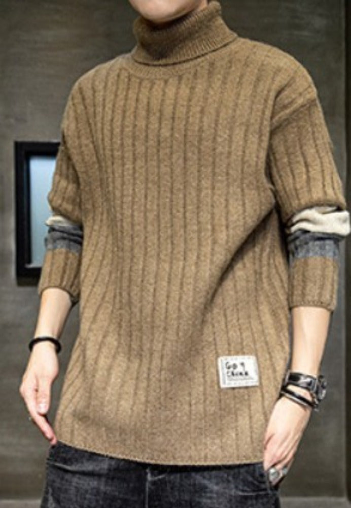 Stripe Sleeve Men's Turtleneck Sweater for Casual Wear: cream, gray sweater vest, casual layered streetwear style