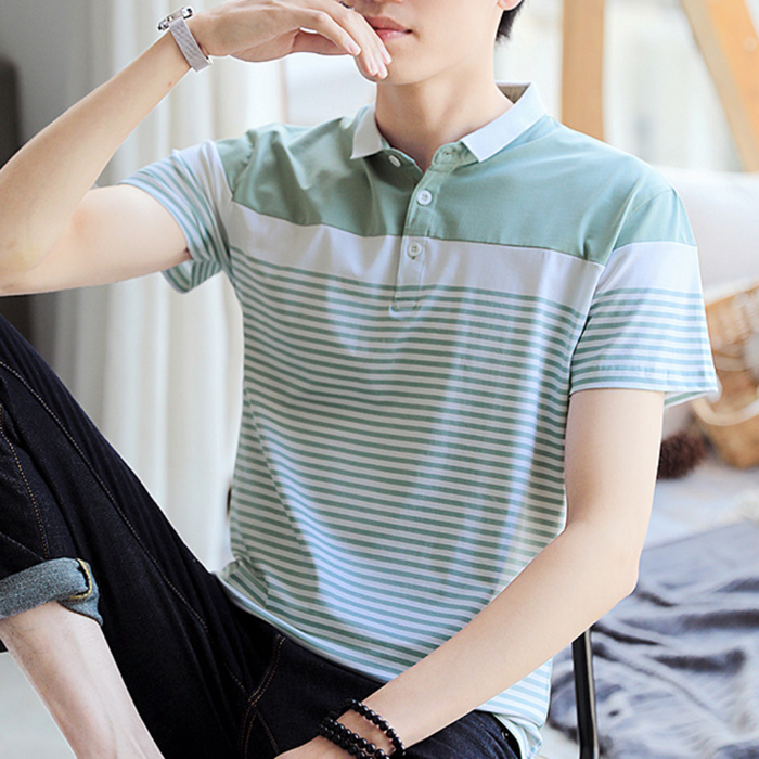 Striped Polo Shirt for Men with Short Sleeves: mint green, white short-sleeve polo shirt, casual style