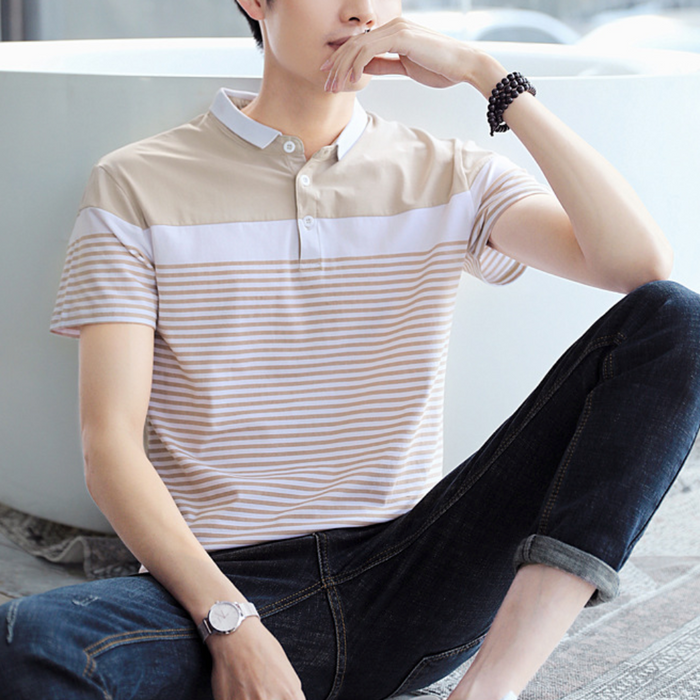 Striped Polo Shirt for Men with Short Sleeves: mint green, white short-sleeve polo shirt, casual style