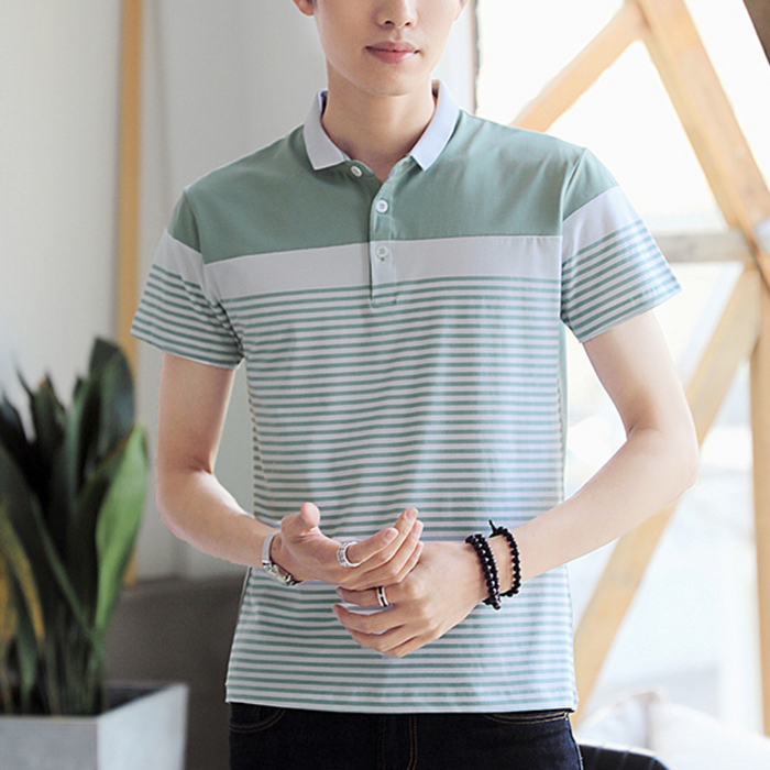 Striped Polo Shirt for Men with Short Sleeves: mint green, white short-sleeve polo shirt, casual style
