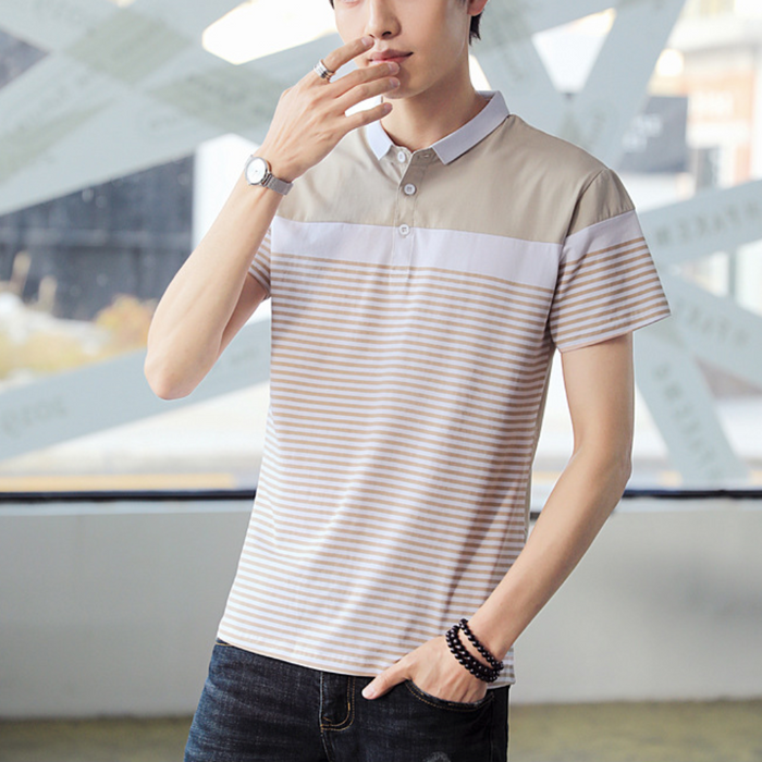 Striped Polo Shirt for Men with Short Sleeves: mint green, white short-sleeve polo shirt, casual style