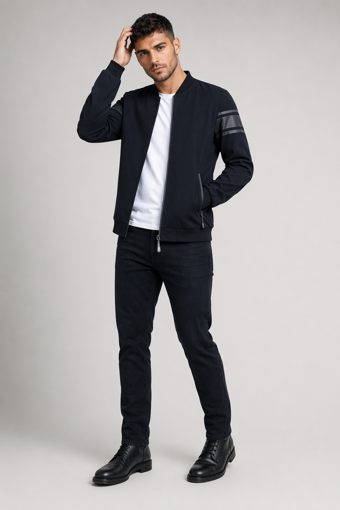 Striped Sleeve Zip-Up Bomber Jacket for Men Black