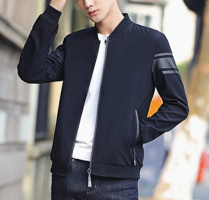 Striped Sleeve Zip-Up Bomber Jacket for Men: black, dark gray zip-front jacket, minimal casual sporty style