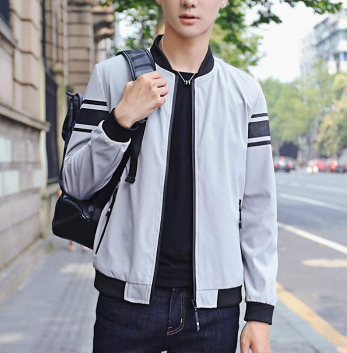Striped Sleeve Zip-Up Bomber Jacket for Men: black, dark gray zip-front jacket, minimal casual sporty style