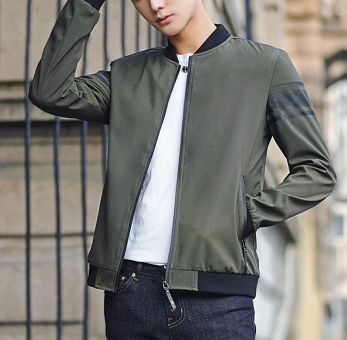 Striped Sleeve Zip-Up Bomber Jacket for Men: black, dark gray zip-front jacket, minimal casual sporty style