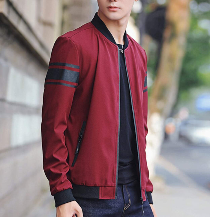 Striped Sleeve Zip-Up Bomber Jacket for Men: black, dark gray zip-front jacket, minimal casual sporty style