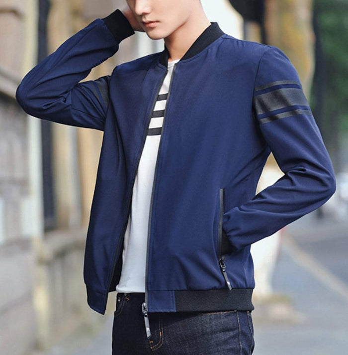 Striped Sleeve Zip-Up Bomber Jacket for Men: black, dark gray zip-front jacket, minimal casual sporty style