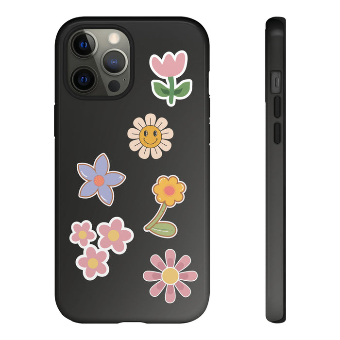 Sturdy iPhone Case for Outdoor Gatherings: black, pink flowers, cute cartoon floral style