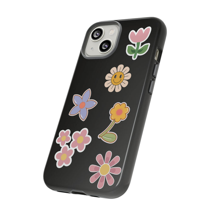 Sturdy iPhone Case for Outdoor Gatherings: black, pink flowers, cute cartoon floral style