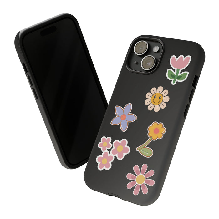 Sturdy iPhone Case for Outdoor Gatherings: black, pink flowers, cute cartoon floral style