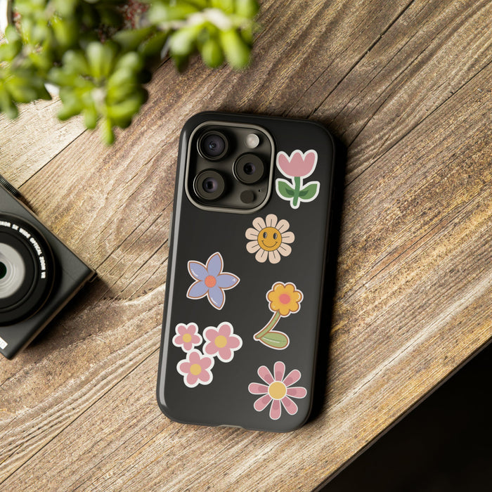 Sturdy iPhone Case for Outdoor Gatherings: black, pink flowers, cute cartoon floral style