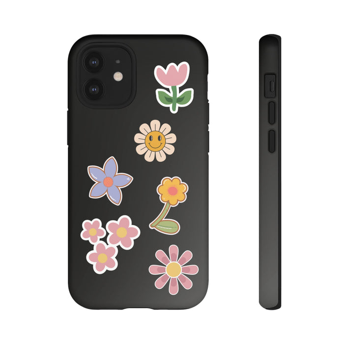 Sturdy iPhone Case for Outdoor Gatherings: black, pink flowers, cute cartoon floral style