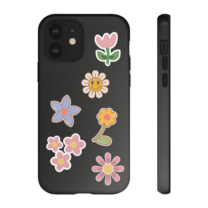 Sturdy iPhone Case for Outdoor Gatherings: black, pink flowers, cute cartoon floral style