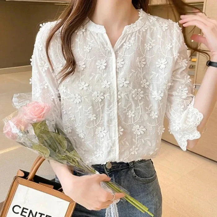 Summer Lace Blouse with Embroidered Floral Design for Women: white, off-white women's blouse, feminine romantic style