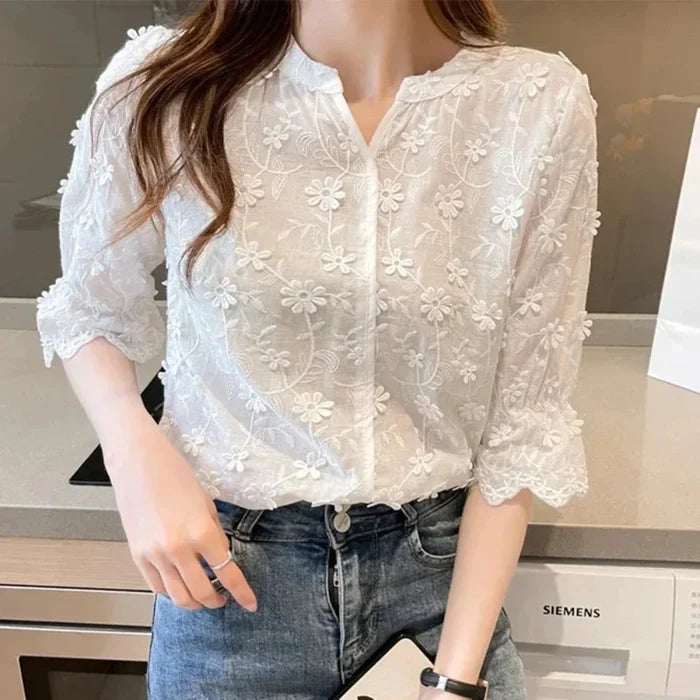 Summer Lace Blouse with Embroidered Floral Design for Women: white, off-white women's blouse, feminine romantic style
