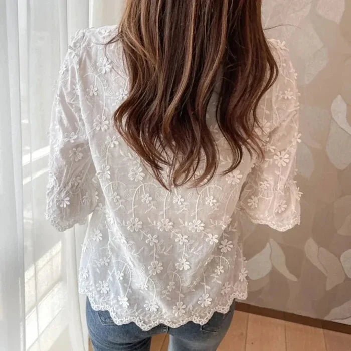 Summer Lace Blouse with Embroidered Floral Design for Women: white, off-white women's blouse, feminine romantic style