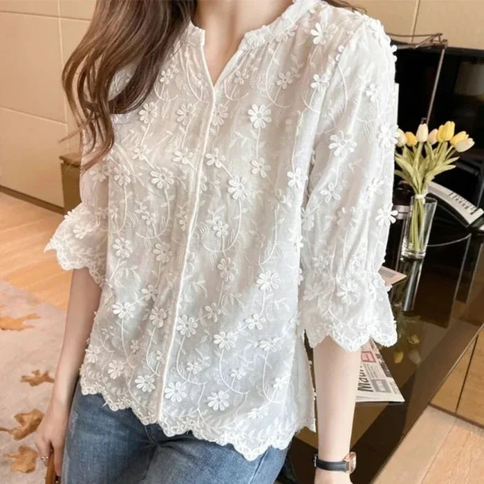 Summer Lace Blouse with Embroidered Floral Design for Women: white, off-white women's blouse, feminine romantic style