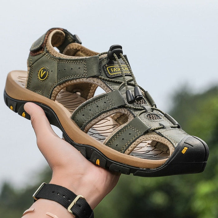 Summer Open-Toe Sandals for Men: olive green, black closed-toe sport sandal, outdoor athletic style