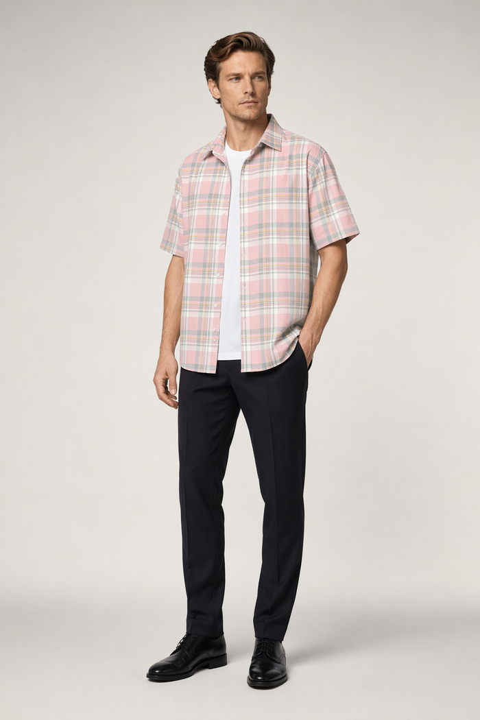 Summer Plaid Shirt for Men with Short Sleeves Pink
