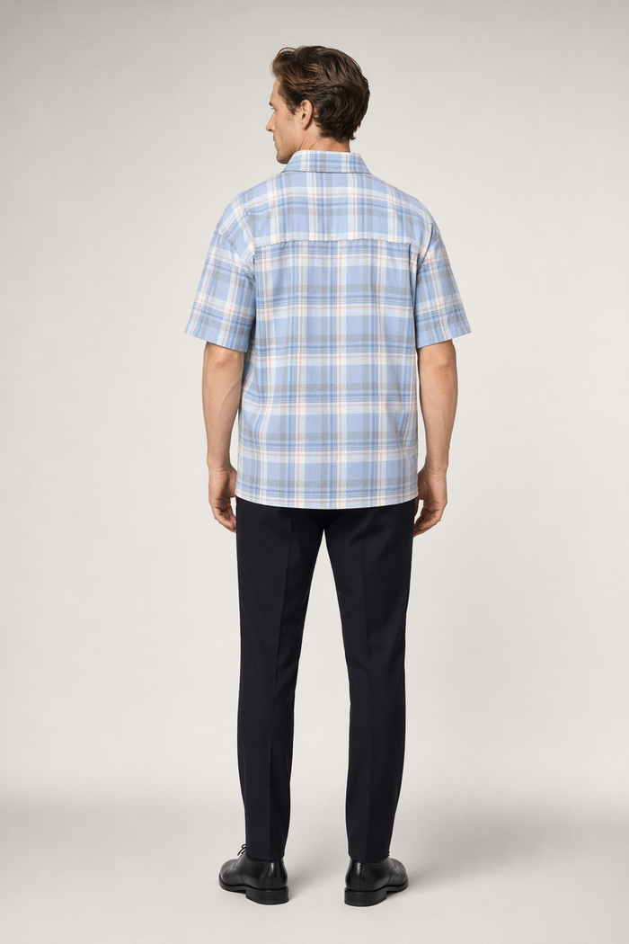 Summer Plaid Shirt for Men with Short Sleeves Light Blue