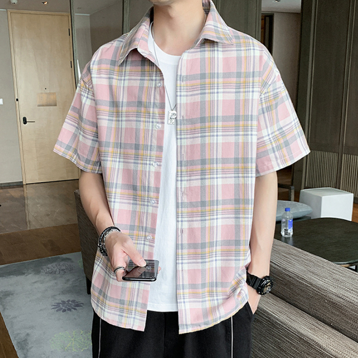 Summer Plaid Shirt for Men with Short Sleeves: pink, white short-sleeve button-up shirt, casual style