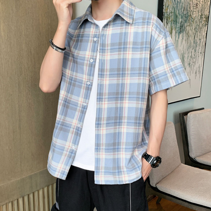 Summer Plaid Shirt for Men with Short Sleeves: pink, white short-sleeve button-up shirt, casual style
