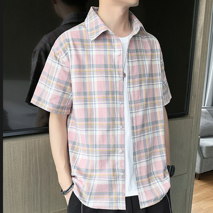 Summer Plaid Shirt for Men with Short Sleeves: pink, white short-sleeve button-up shirt, casual style