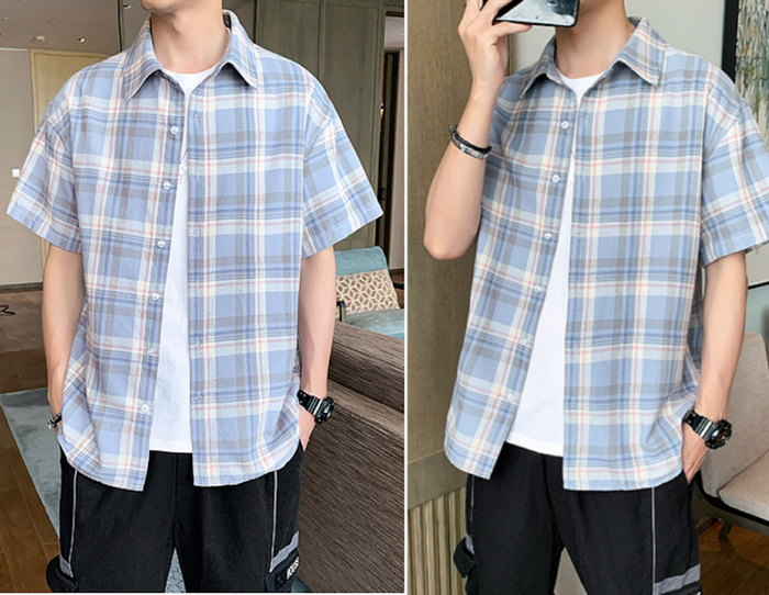 Summer Plaid Shirt for Men with Short Sleeves: pink, white short-sleeve button-up shirt, casual style