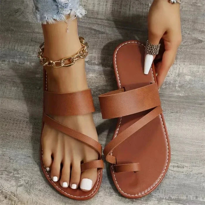 Summer Slippers for Women, Vegan Leather Footwear: black, brown flat sandals, minimal strappy style