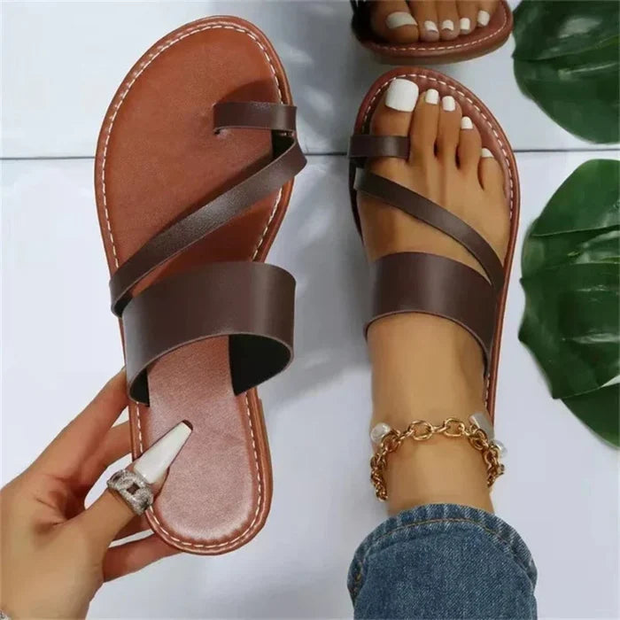 Summer Slippers for Women, Vegan Leather Footwear: black, brown flat sandals, minimal strappy style