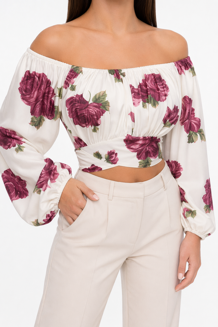 Summer Women's Top with Off-Shoulder Style and Bell Sleeves Print White