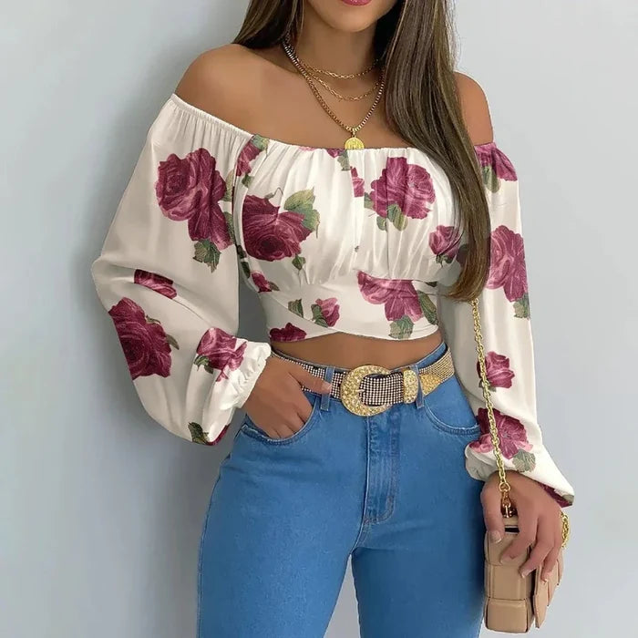 Summer Women's Top with Off-Shoulder Style and Bell Sleeves: cream white, burgundy floral pattern, feminine floral style