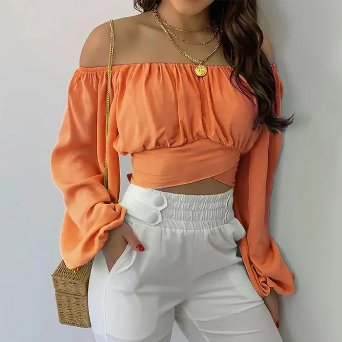 Summer Women's Top with Off-Shoulder Style and Bell Sleeves: cream white, burgundy floral pattern, feminine floral style