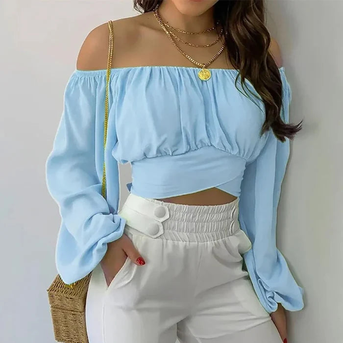 Summer Women's Top with Off-Shoulder Style and Bell Sleeves: cream white, burgundy floral pattern, feminine floral style