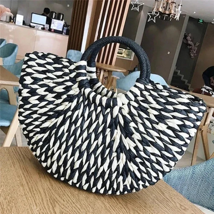 Summer Woven Tote for Women: black, white handbag, woven statement accessory style