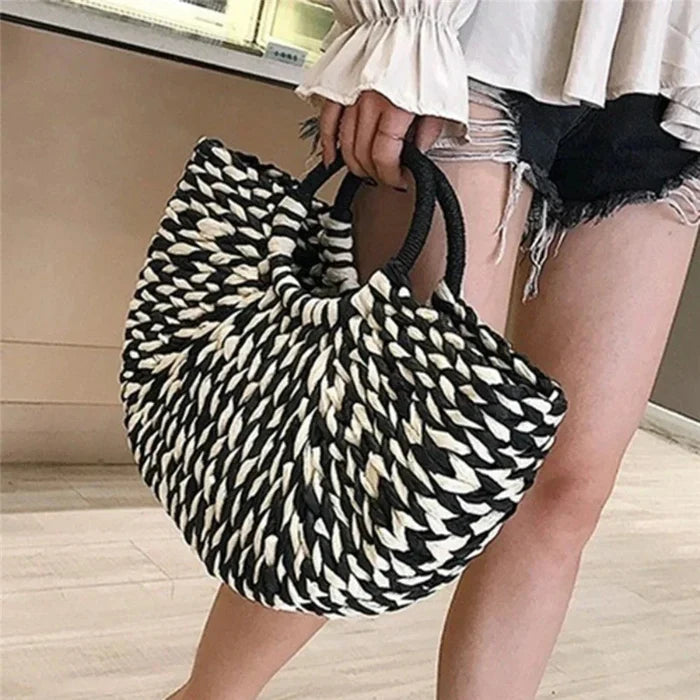 Summer Woven Tote for Women: black, white handbag, woven statement accessory style