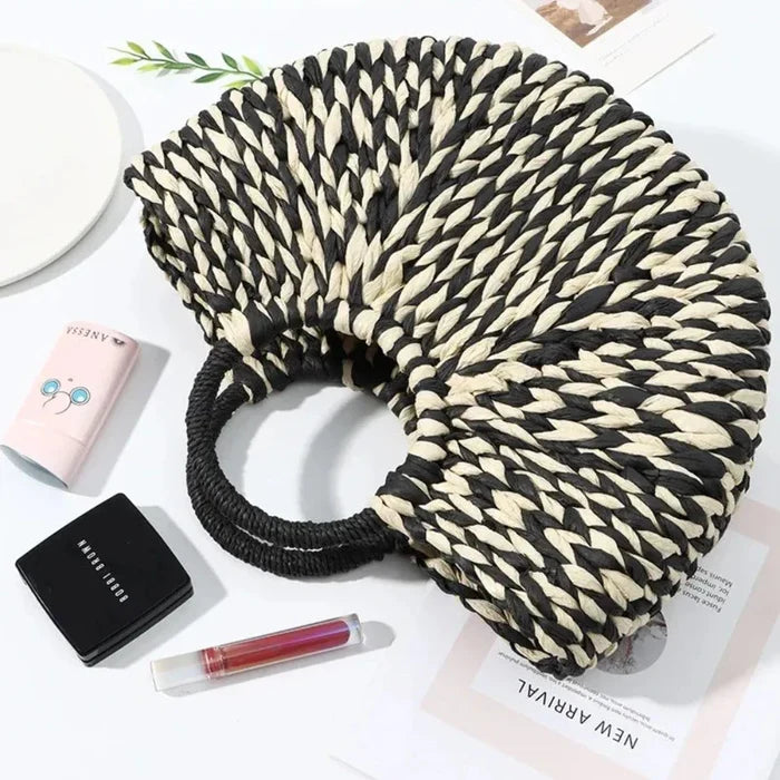 Summer Woven Tote for Women: black, white handbag, woven statement accessory style