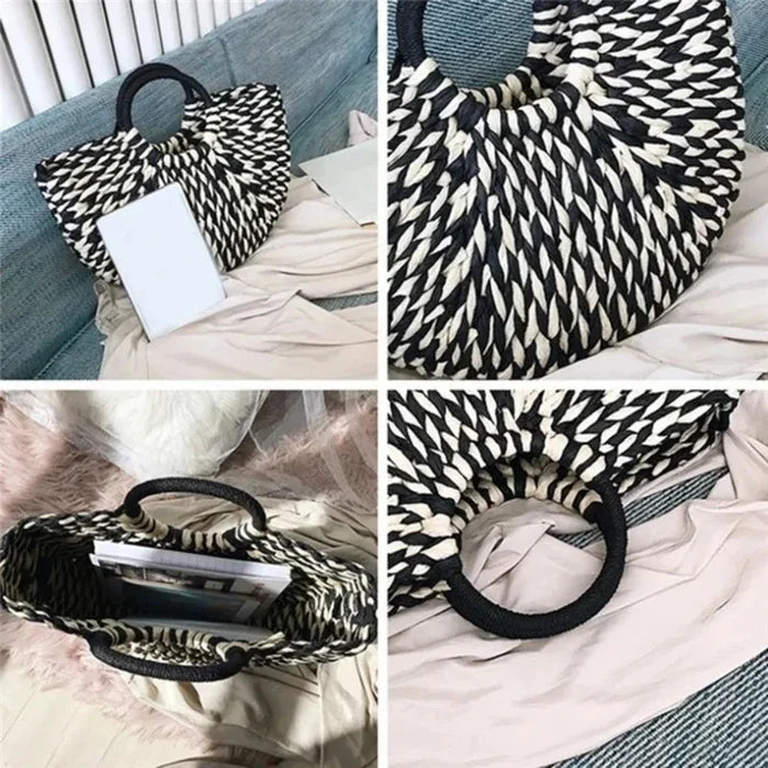 Summer Woven Tote for Women: black, white handbag, woven statement accessory style