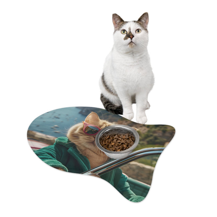 Sunglass-Wearing Feline Pet Food Mats, Available in 3 Sizes: teal, green cat, humorous photo print style