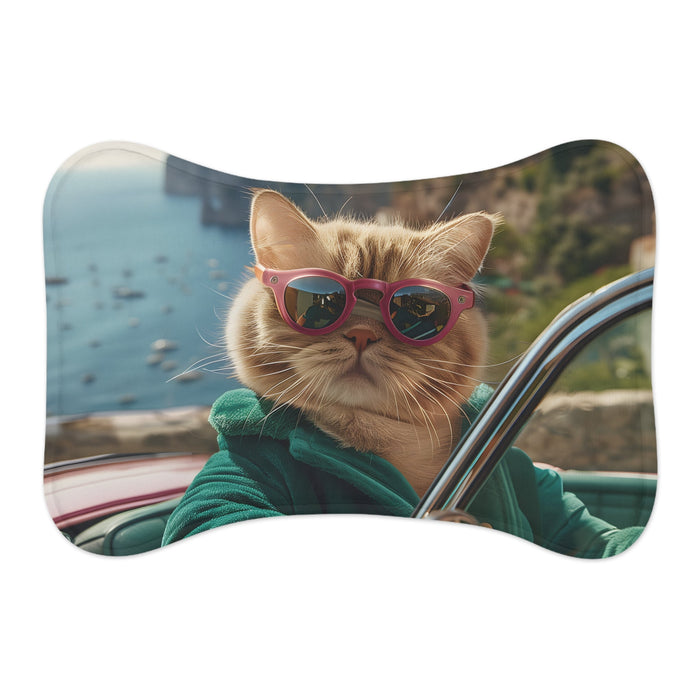 Sunglass-Wearing Feline Pet Food Mats, Available in 3 Sizes: teal, green cat, humorous photo print style