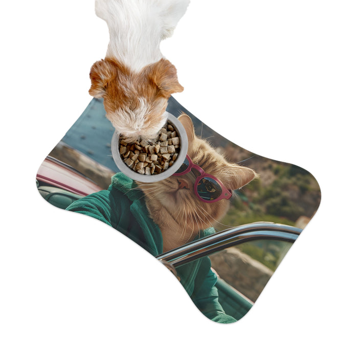 Sunglass-Wearing Feline Pet Food Mats, Available in 3 Sizes: teal, green cat, humorous photo print style