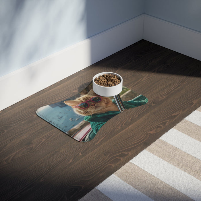 Sunglass-Wearing Feline Pet Food Mats, Available in 3 Sizes: teal, green cat, humorous photo print style