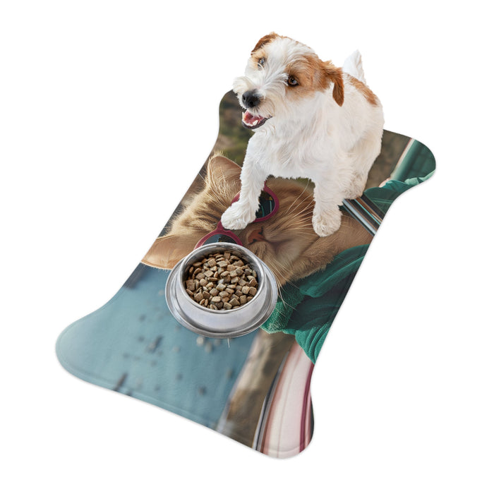 Sunglass-Wearing Feline Pet Food Mats, Available in 3 Sizes: teal, green cat, humorous photo print style
