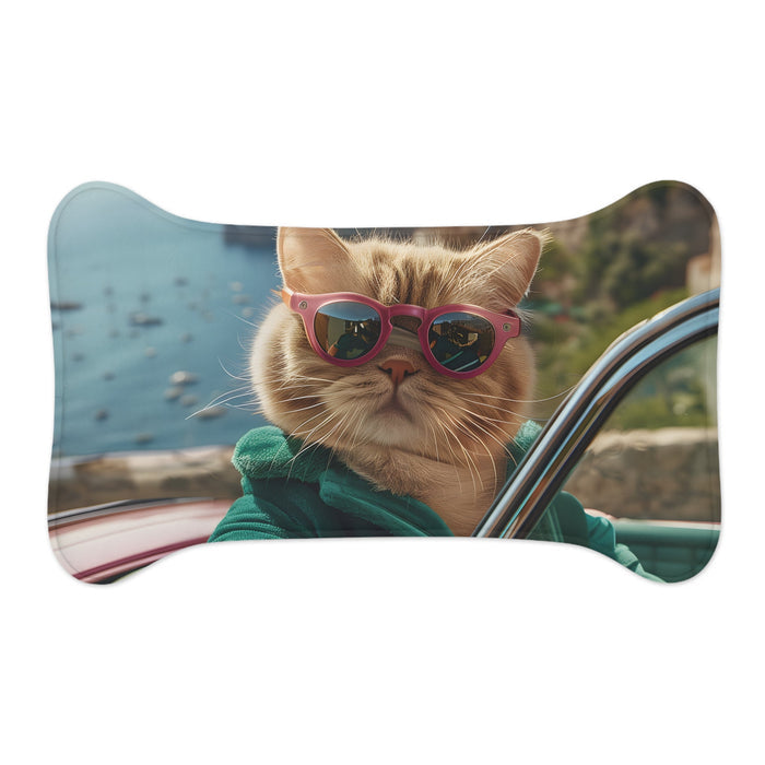 Sunglass-Wearing Feline Pet Food Mats, Available in 3 Sizes: teal, green cat, humorous photo print style
