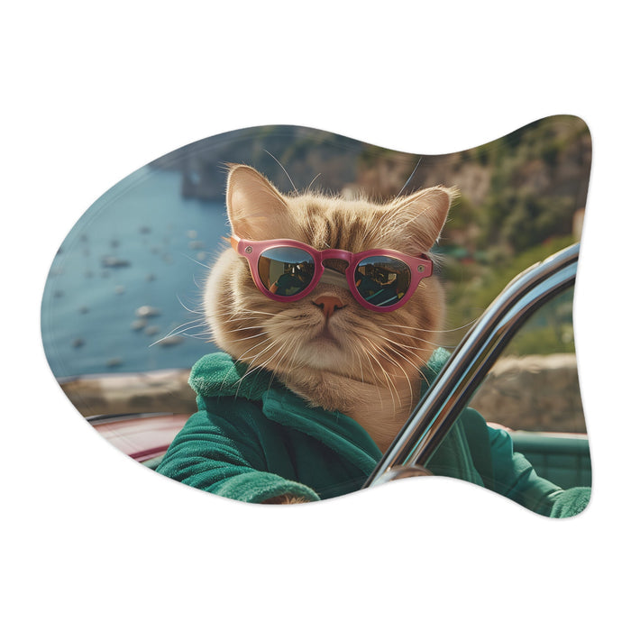 Sunglass-Wearing Feline Pet Food Mats, Available in 3 Sizes: teal, green cat, humorous photo print style