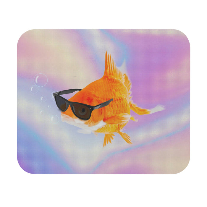 Sunglasses-Clad Goldfish Mouse Pad: orange, yellow orange goldfish wearing sunglasses, cartoon style