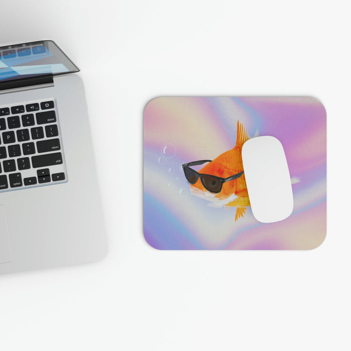 Sunglasses-Clad Goldfish Mouse Pad: orange, yellow orange goldfish wearing sunglasses, cartoon style