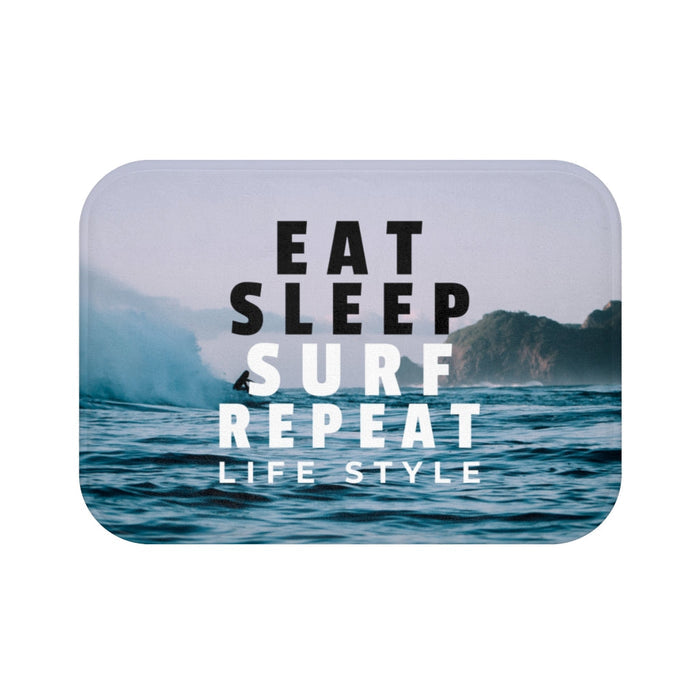 Surf, Sleep, Eat, and Repeat Bath Mat: blue, teal surfing/ocean theme, minimal surf lifestyle graphic style