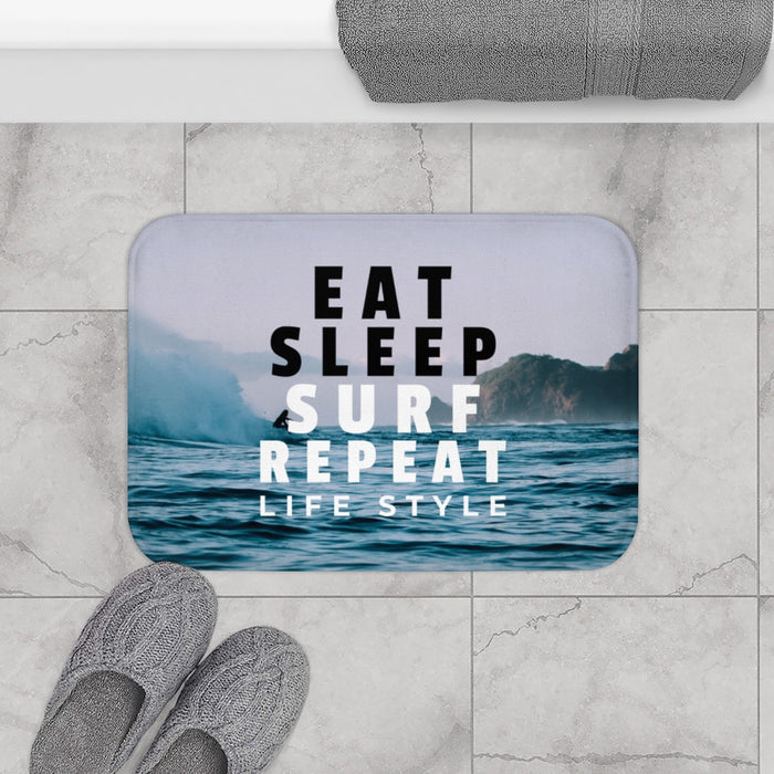 Surf, Sleep, Eat, and Repeat Bath Mat: blue, teal surfing/ocean theme, minimal surf lifestyle graphic style